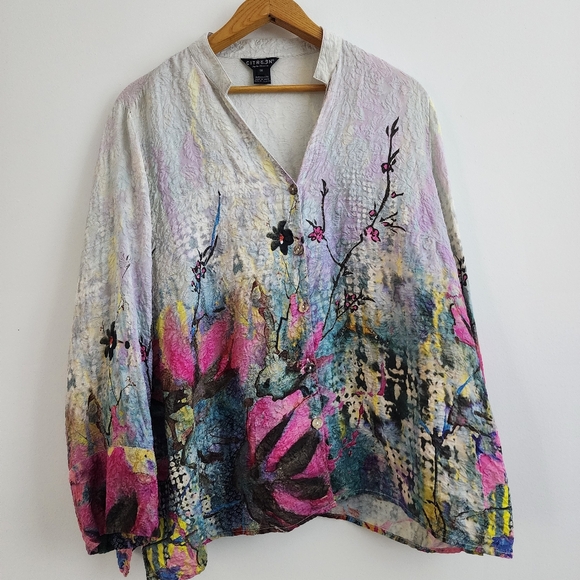 Citron Santa Monica Silk Tunic Button Front Top White Floral Oriental Women's 1X - Picture 1 of 6
